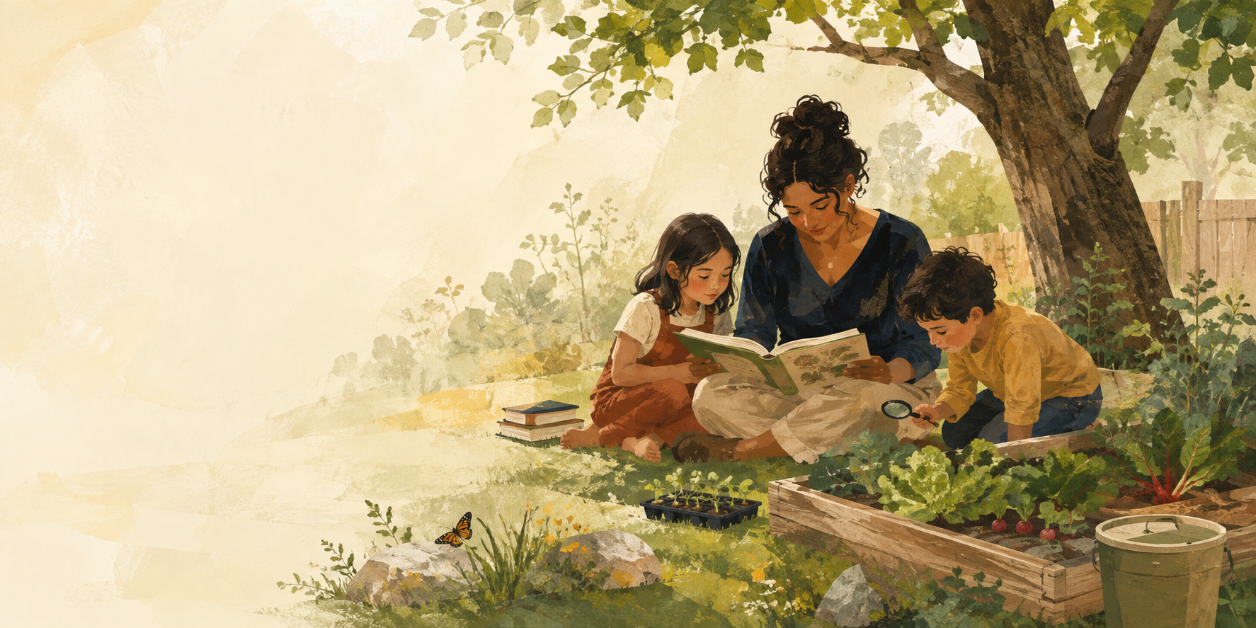 An adult and two children reading together beneath a tree beside a kitchen garden